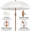 A white patio umbrella with wooden pole and details highlighted with text. Produktbild-Vorschau