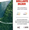A television screen displaying a scenic view of a forest and river, next to marketing text and feature icons. Produktbild-Vorschau