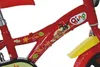 A close-up view of a red children's bicycle with cartoon characters and leaf decals. Produktbild-Vorschau