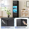 A tall, black display cabinet with blue LED lighting is shown in a room setting, next to a window with plants. Smaller inset images show details of the cabinet's protective film and cleaning. Produktbild-Vorschau