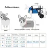 A size chart for a dog wheelchair, with illustrations of dogs and a dog in a wheelchair. Produktbild-Vorschau