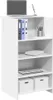 A white reception desk with a laptop, binders, and storage boxes. Produktbild-Vorschau