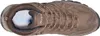 A top-down view of a brown hiking boot with blue insoles. Voir les images du produit