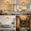 A collage of four images showing a gold ceiling light fixture in different room settings: a bedroom, a kitchen, a living room, and a hallway. Náhled obrázku produktu