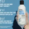 A hand holding a bottle of KMS Moist Repair Shampoo, surrounded by foam, with marketing text on a blue background. Voir les images du produit