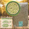 A large bag of chicken feed is shown, with a close-up inset of the feed's texture. Text overlays highlight product features. Produktbild-Vorschau