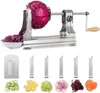 A spiralizer with a red cabbage attached, ready to be cut, and a bowl of shredded cabbage. Below are various blades and examples of spiralized vegetables. Produktbild-Vorschau