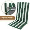A green and white striped high-back chair cushion is shown, with a close-up inset highlighting its attachment straps. Produktbild-Vorschau
