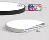 Diagrams showing the dimensions of a round LED ceiling light, with a smartphone used for scale. Produktbild-Vorschau