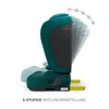 A teal and gray child car seat with yellow ISOFIX connectors, shown in multiple tilted positions to illustrate its recline feature. Numbered dots and a curved line indicate the different recline settings. Produktbild-Vorschau
