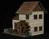 A model of a wooden watermill with a water wheel, set against a black background. Produktbild-Vorschau
