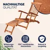 A wooden sun lounger with promotional text and icons. Produktbild-Vorschau
