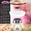 An exploded diagram of a retro-style cream and silver cotton candy machine, with text callouts describing its features and accessories. There are also images of the accessories like paper straws and a scoop. Produktbild-Vorschau