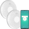 Two white circular CO detectors are shown next to a smartphone displaying a CO alarm notification. Produktbild-Vorschau