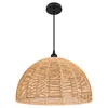 A pendant light with a woven natural fiber shade hangs from a black cord and ceiling mount. Podgląd zdjęcia produktu
