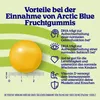 A single yellow gummy bear next to a ruler, with text and icons listing the benefits of Arctic Blue Fruchtgummis. Produktbild-Vorschau