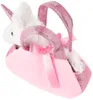 A plush unicorn toy sits inside a pink handbag with silver accents and pink ribbon bows. Náhľad obrázku produktu