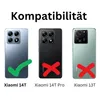 Three smartphones are shown with compatibility indicators. The first phone, labeled "Xiaomi 14T", has a green checkmark. The second phone, labeled "Xiaomi 14T Pro", has a red X. The third phone, labeled "Xiaomi 13T", also has a red X. The text "Kompatibili Produktbild-Vorschau