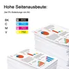 A graphic showing ink cartridge yield information next to stacks of paper with charts. Produktbild-Vorschau