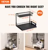 A diagram showing a two-tier under-sink organizer with dimensions, and two lifestyle shots of the organizer in use inside cabinets. Náhled obrázku produktu