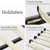 Collage showing details of a bed frame with German text descriptions. Produktbild-Vorschau