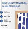 A product image for a picture frame, featuring text highlighting its quality and features, and a partial view of the frame with artwork. Produktbild-Vorschau