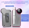 A close-up marketing image of an electric nail file set, showing two parts of the device and highlighting features with text overlays. Produktbild-Vorschau