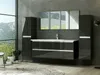 A modern bathroom vanity set with a large window overlooking a mountain landscape. Produktbild-Vorschau