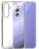 A clear phone case is shown on top of a purple smartphone. Produktbild-Vorschau