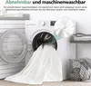 A washing machine with a white sheet being pulled out of it, with a close-up of the fabric in a circle. Produktbild-Vorschau