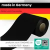 A roll of black fabric is shown diagonally across the image, with German text and the German flag colors in the background. A certification logo is in the bottom right corner. Produktbild-Vorschau