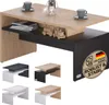 A modern coffee table with storage, shown from multiple angles and in different color options, along with decorative items and a logo. Produktbild-Vorschau