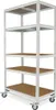 A light gray metal shelving unit with five wooden shelves, mounted on casters. Produktbild-Vorschau
