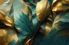 A close-up view of textured fabric with a leaf-like pattern in green and gold. Produktbild-Vorschau