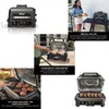 Collage of images showing a Ninja electric grill in various settings and with different food items. Voir les images du produit