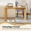A split image showing a wooden table used as a dining table on the left and a computer desk on the right, with text overlays indicating its versatile use. Náhled obrázku produktu