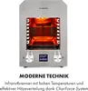A close-up view of a silver countertop grill with the interior glowing red from heat, and text describing its features below. Produktbild-Vorschau