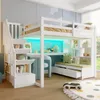 A child's bedroom with a white loft bed that has a desk and shelves underneath. The bed is made with yellow bedding and there are stuffed animals on the desk and under the bed. The room has light blue walls with a cloud mural and a round rug on the floor. Produktbild-Vorschau
