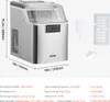 A stainless steel ice maker with accessories and dimensions displayed. Podgląd zdjęcia produktu