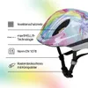 A child's bicycle helmet with various features highlighted by text and icons. Produktbild-Vorschau
