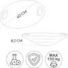 Diagrams and icons illustrating the dimensions, safety, and weight capacity of a balance board. Podgląd zdjęcia produktu