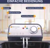 Close-up of a deep fryer control panel with labels pointing to different features. Produktbild-Vorschau