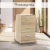 A wooden nightstand with three drawers is shown with dimensions indicated by lines and text. Produktbild-Vorschau
