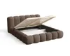 A brown upholstered bed frame with its storage lift mechanism open, revealing the slatted base and storage compartment. Voir les images du produit