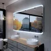 A modern bathroom with a double vanity and a large LED-lit mirror reflecting a city skyline. Produktbild-Vorschau