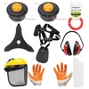 A collection of garden tool accessories, including trimmer heads, a blade, harness, safety gear, and trimmer line. Produktbild-Vorschau