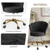 A collage of images showcasing a black office chair with gold legs, highlighting its features and material. Voir les images du produit