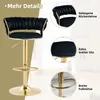 A black velvet bar stool with gold accents, shown with close-up details highlighting its features. Produktbild-Vorschau
