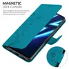 A teal flip phone case with a floral design is shown open, revealing a smartphone screen. Náhled obrázku produktu
