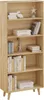 A wooden bookshelf with several shelves filled with books and decorative items. Produktbild-Vorschau